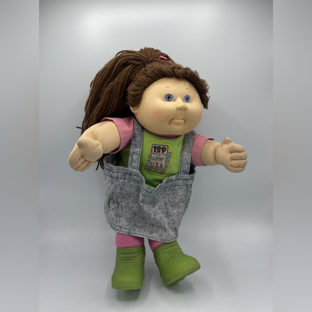 Vintage Cabbage Patch Kids Doll with Green Boots and Denim Outfit 1990